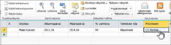 Anna projektitehtävän otsikko, päivämäärät ja tila