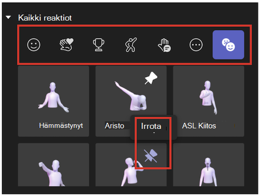 Reaktioiden käyttöliittymä ja kiinnityksen poistaminen Avatar-sovelluksessa