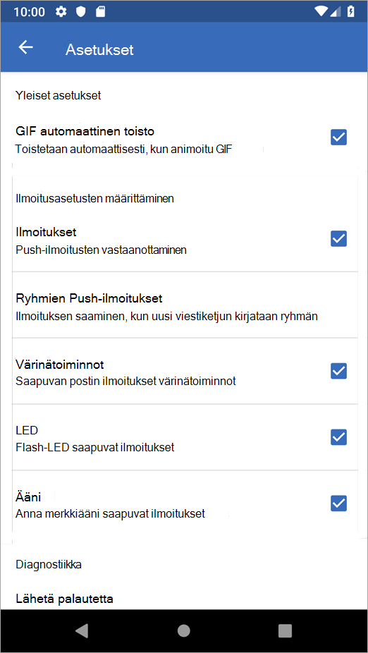 Yammer Androidin asetukset -kohdassa