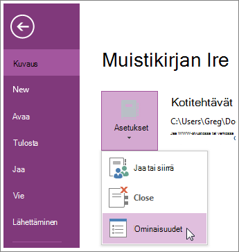 Voit ottaa OneNoten uusimman version käyttöön suoraan Tiedosto-valikosta.