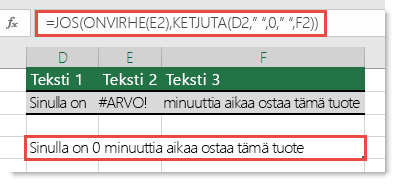 JOS- ja ONVIRHE-funktioita käytetään vaihtoehtoisena menetelmänä yhdistämään merkkijono #VALUE! -virheen korjaaminen