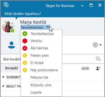 Näyttökuva Skype for Business -ikkunasta, jossa Tila-valikko on avoinna.