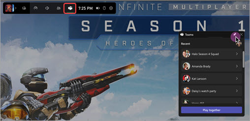 Teamsin Kiinnitä-painike Teamsin Xbox-pelin pienoissovelluksen päällekkäisyyksissä.