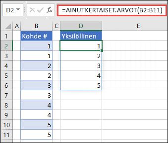 Esimerkki =AINUTKERTAISET.ARVOT(B2:B11)-funktion käyttämisestä yksilöllisen numeroluettelon palauttamiseen