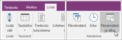 Näyttökuva Päivämäärä ja aika -painikkeesta OneNote 2016:ssa.