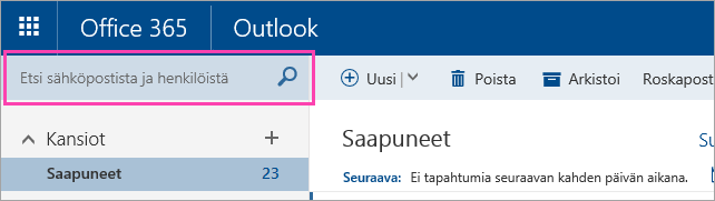 Näyttökuva Haku sähköpostista ja henkilöistä -ruudusta