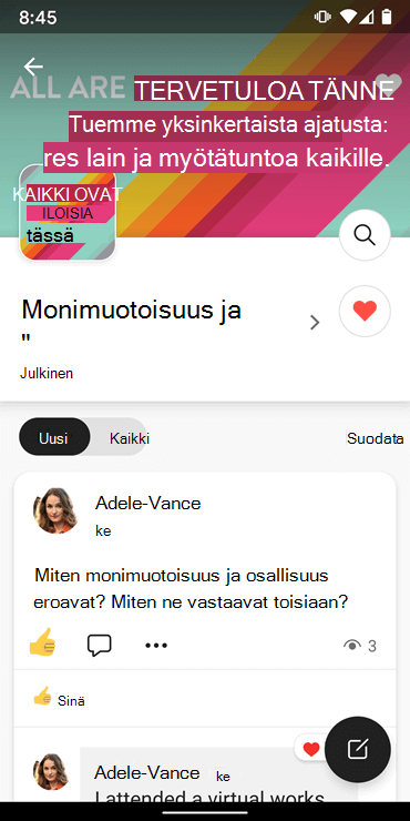 Näyttökuva, jossa näytetään yhteisön seuraaminen Yammer Android -sovelluksella