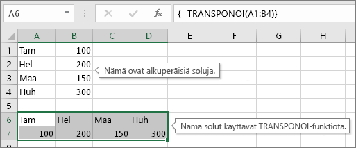 Alkuperäiset solut yläpuolella, TRANSPONOI-funktion palauttamat solut alapuolella