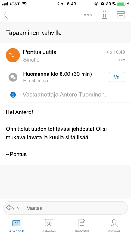 Näyttökuva näyttää mobiililaitteen näytön yhdessä sähköpostikohteen kanssa.