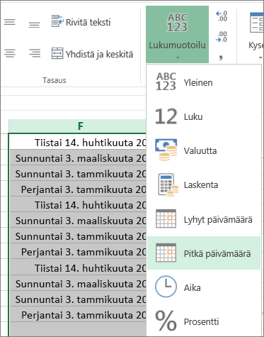 Tietojen muuttaminen pitkään päivämäärämuotoon valintanauhan painikkeella