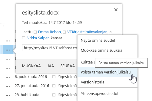 Valitse Poista tämän version julkaisu