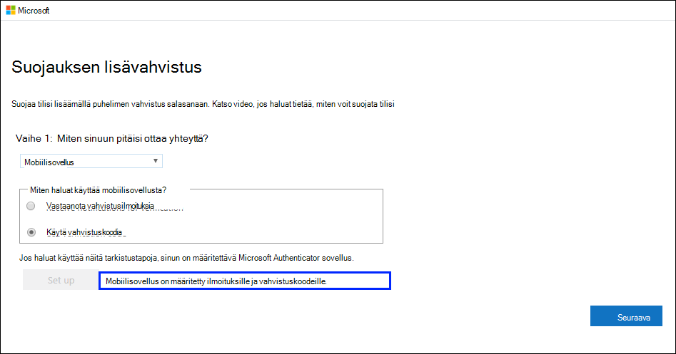 Suojauksen lisävahvistussivu ja onnistumissanoma