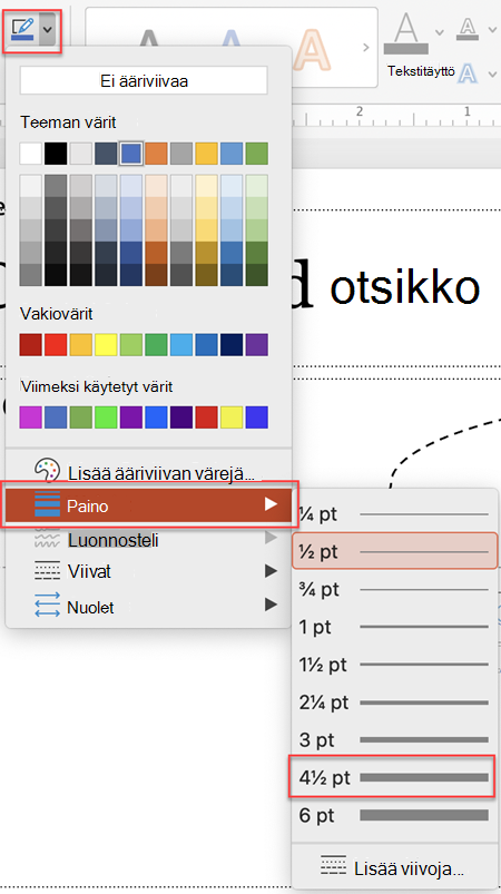 Mac-muodon ääriviivan leveys -valikko