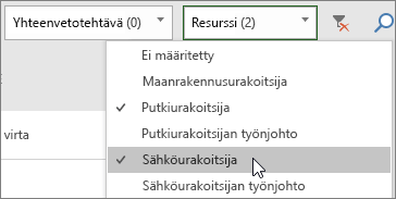 Näyttökuva Tehtävätaulun avattavasta Suodata resursseja -ruudusta, jossa näkyy kaksi valittua resurssia