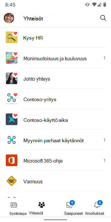 Näyttökuva yhteisöistä Yammer Android -sovelluksessa