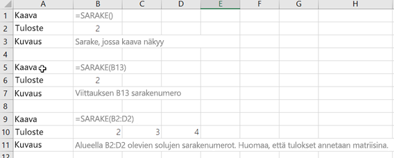 Esimerkkejä SARAKE-funktiosta