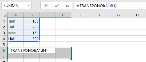 =TRANSPONOI(A1:B4)