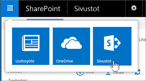 SharePoint-sovelluksen käynnistys, jossa sivustot näkyvät korostettuina.