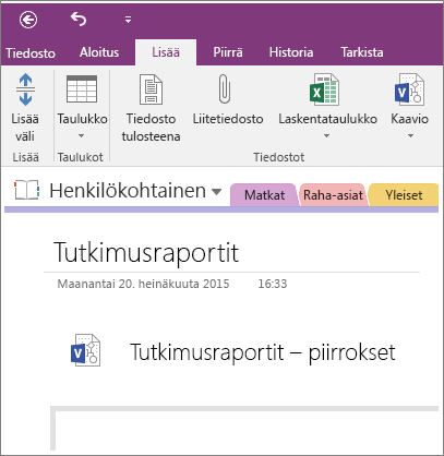 Näyttökuva Visio-kaavion lisäämisestä OneNote 2016:een.