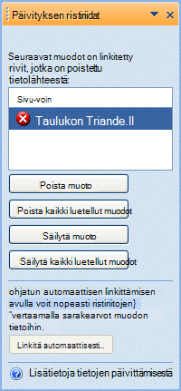 Päivityksen ristiriidat -ikkuna, jossa on luettelo sellaisista muodoista, jotka eivät enää sisällä tietolähteen vastaavaa riviä.