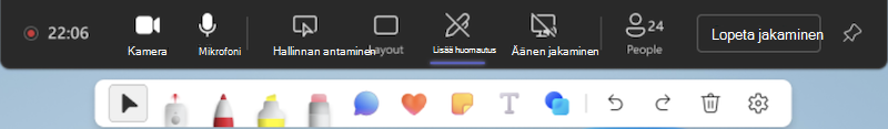 Teams-kokousten Huomautustyökalun avattava valikko.