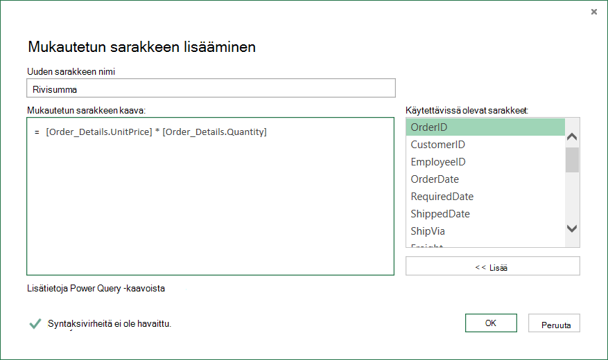 Laske jokaisen Tilaustiedot-rivin rivisumma