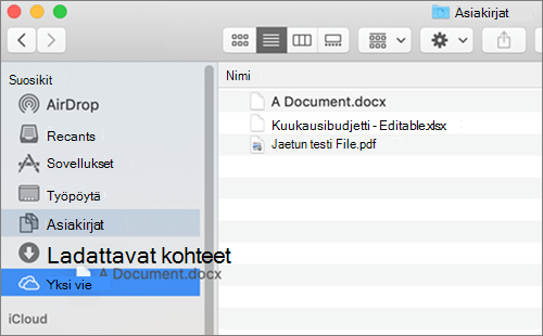 Mac Finder -ikkuna, jossa näkyy vetäminen ja pudottaminen -kuvake tiedostojen siirtämiseen