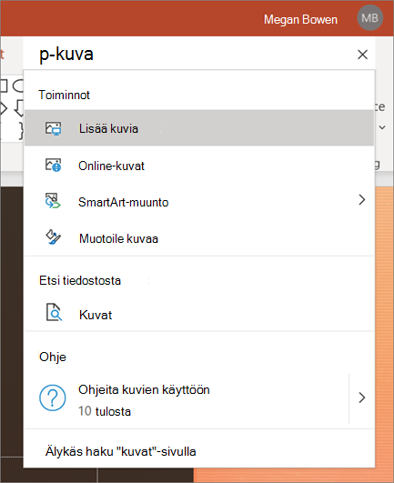 PowerPointin hakuruutu, jossa etsitään kuvia,