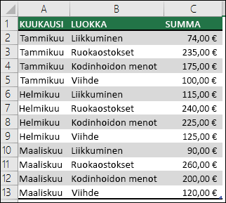 Esimerkkitiedot kotitalouden kulutiedoista, joista luodaan Pivot-taulukko, joka sisältää kuukaudet, luokat ja summat