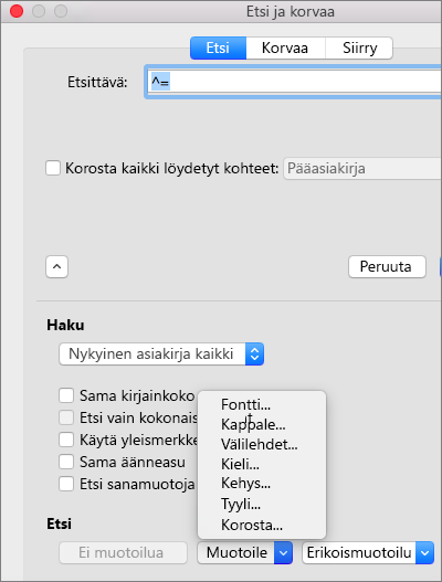 Näyttää muotoiluasetukset