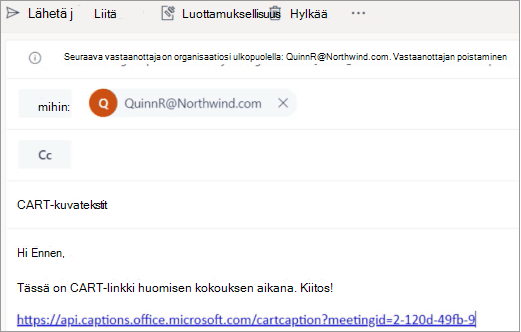 Esimerkkisähköpostiviestistä, jossa näytetään, miten CART-tekstityslinkki lähetetään ammattimaiseen CART-tekstitykseen.