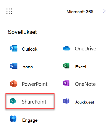 Näyttökuva SharePointin käynnistämisestä M365:stä