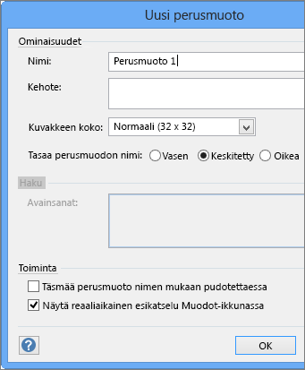 Kirjoita Uusi perustyyli -valintaikkunassa tyylin nimi ja määritä muut parametrit.