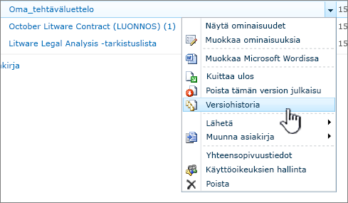 Asiakirjan avattava valikko, jossa on versiohistoria korostettuna