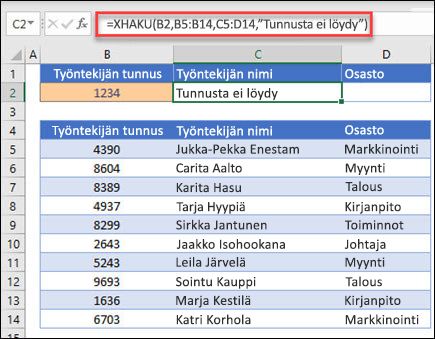 Esimerkki XHAKU-funktiosta, jolla palautetaan työntekijän nimi ja osasto työntekijätunnuksen perusteella jos_ei_löydy-argumentin avulla. Kaava on =XHAKU(B2,B5:B14,C5:D14,0,1,"Employee not found")