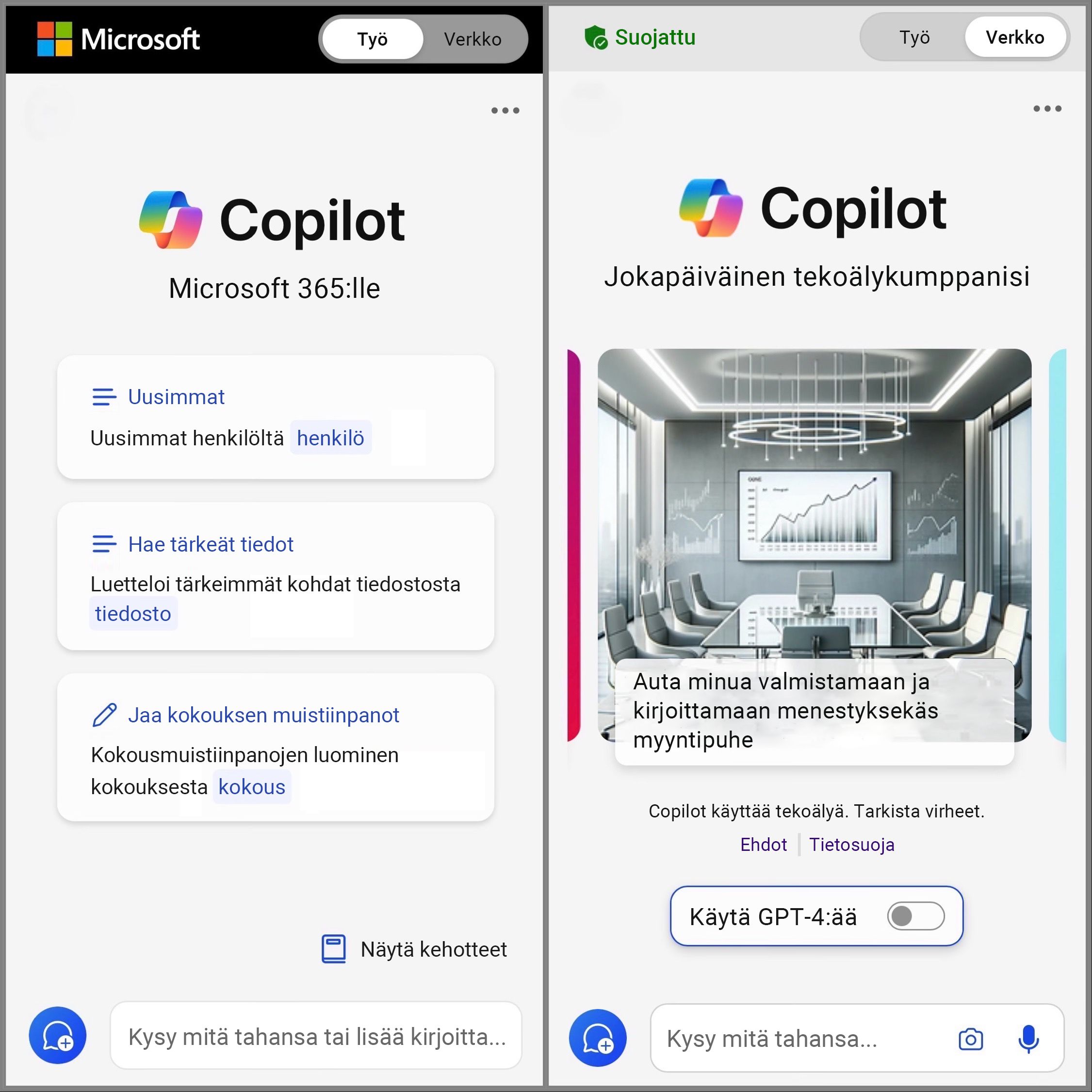 Näyttää Copilotin mobiiliversion näytön, jossa on siirrytty verkkoon ja työntekoon keskustelukehotteen käyttämiseksi.
