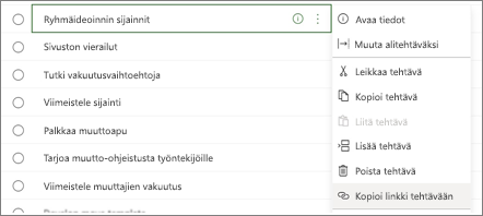 Valintaikkuna, jossa on luettelo tehtävistä. Kopioi linkki tehtävään -painike korostettuna.