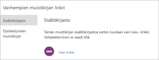 Create vanhemman ja huoltajan linkit sisältökirjastoon valitsemalla