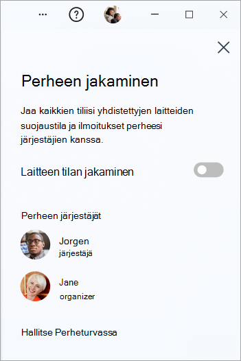 Perheen jakamisruutu Windowsin Microsoft Defenderissä.