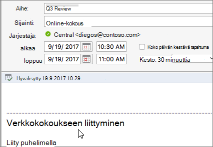 Näyttökuva kokousikkunasta, jossa näkyy Liity online-kokoukseen -linkki.