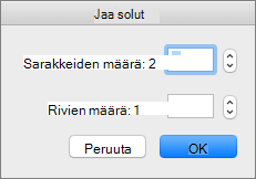 Näyttökuvassa näkyy Jaa solut -valintaikkuna, jossa on asetukset sarakkeiden ja rivien määrän määrittämiseen.