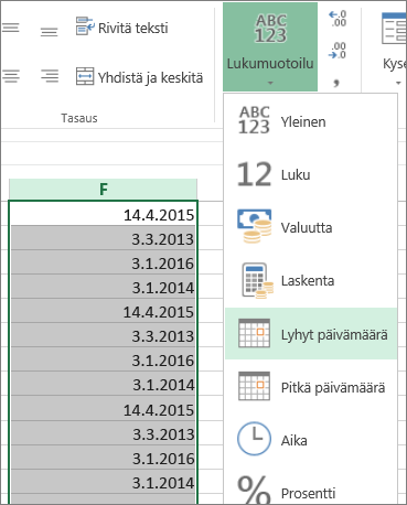 Tietojen muuttaminen lyhyeen päivämäärämuotoon valintanauhan avulla