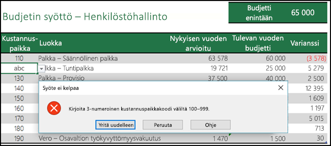 Esimerkki virheellisestä syöttöviestistä