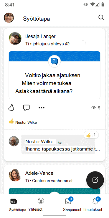 Näyttökuva, jossa näkyy Syöte Yammer Android -sovelluksessa