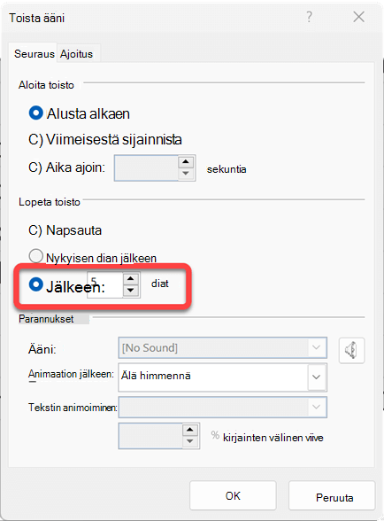 Voit määrittää, kuinka monta diaa äänileike toistetaan.