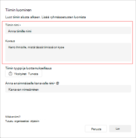 Näyttökuva Luo ryhmä -ikkunasta. Se sisältää alueen, johon voit lisätä ryhmän nimen, kuvauksen ja tyypin. Voit myös luoda ensimmäisen kanavan nimen.