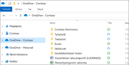 Näyttökuva OneDrive for Business -tiedostojen käytöstä Resurssienhallinnassa