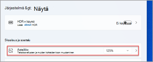 Mistä löydät skaalausvalikon Windows 11:n asetuksissa.