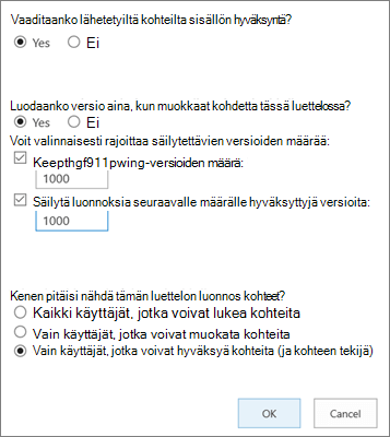 Luetteloasetukset SharePoint Onlinessa, jossa versiotiedot ovat käytössä