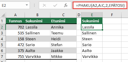 Käytä perinteistä VLOOKUP-funktiota yhden lookup_value-viittauksen kanssa: =VLOOKUP(A2,A:C,32,FALSE). Tämä kaava ei palauta dynaamista matriisia, mutta sitä voidaan käyttää Excel-taulukoiden kanssa.